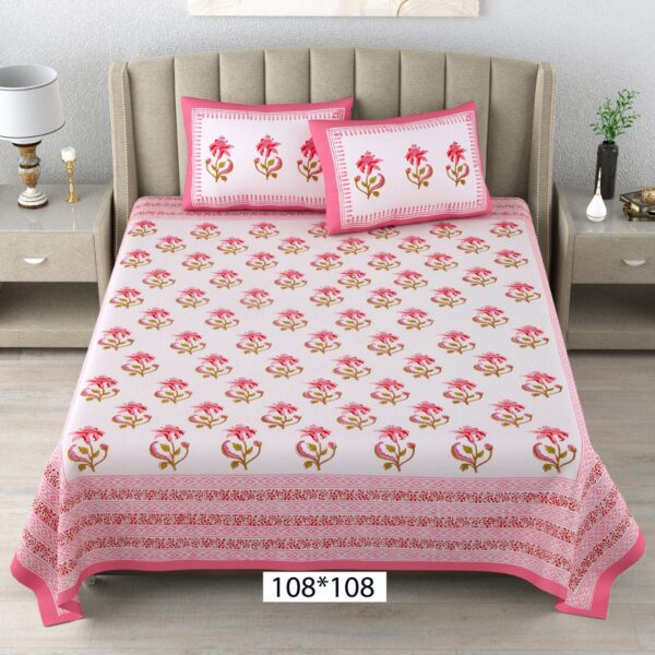 Pink Cotton Jaipuri Double Bedsheet Handblock Print