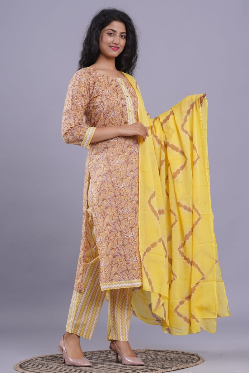 Yellow Hand Block Printed Cotton Suit