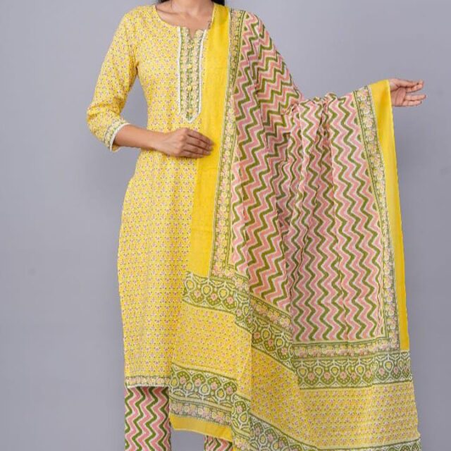 Yellow Hand Block Printed Cotton Suit