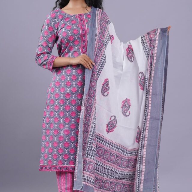 Pink Hand Block Printed Cotton Suit