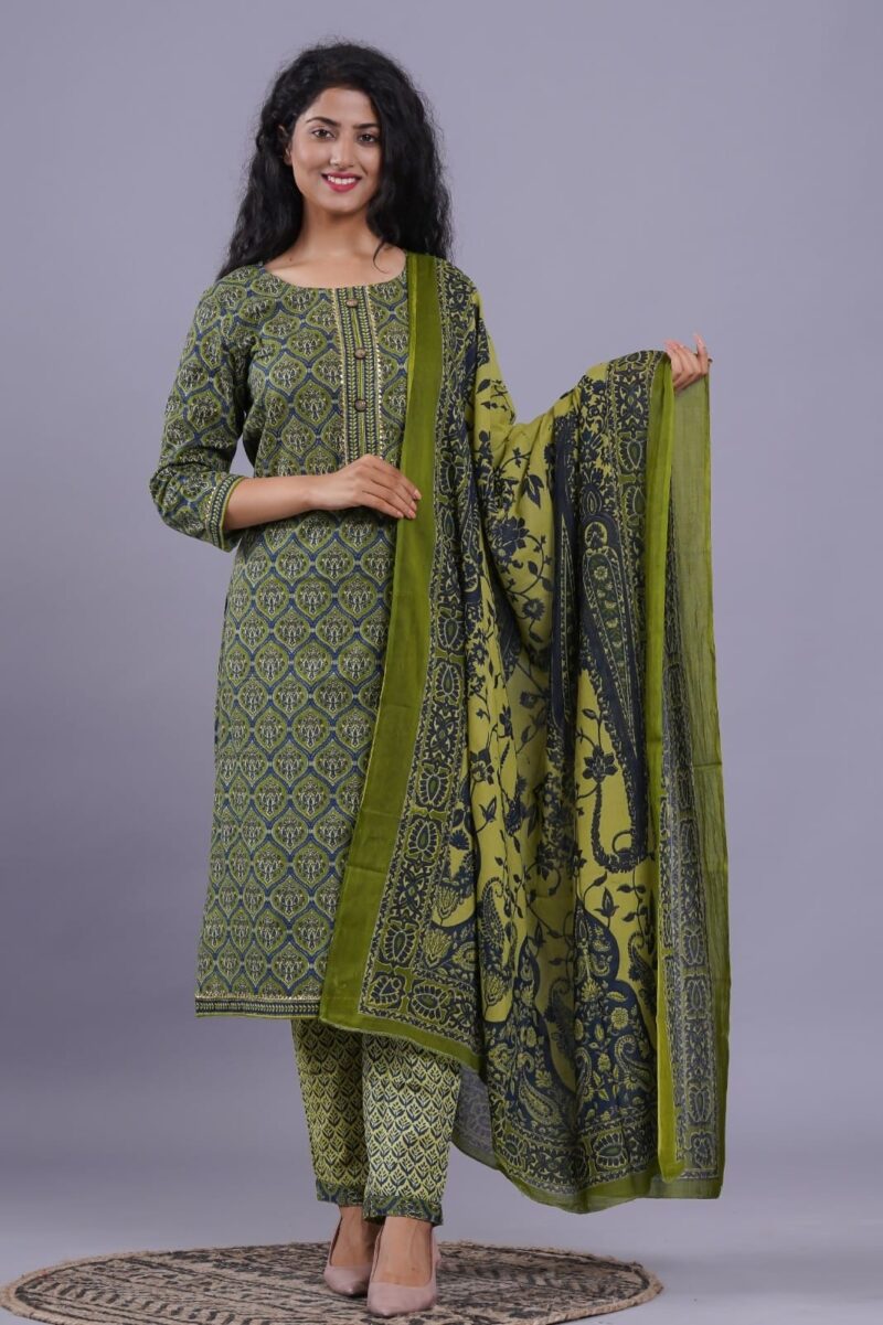 Green Hand Block Printed Cotton Suit