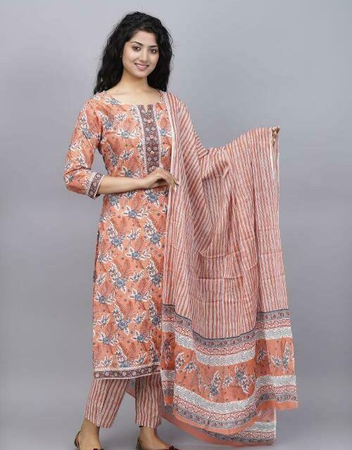 Brown Hand Block Printed Cotton Suit