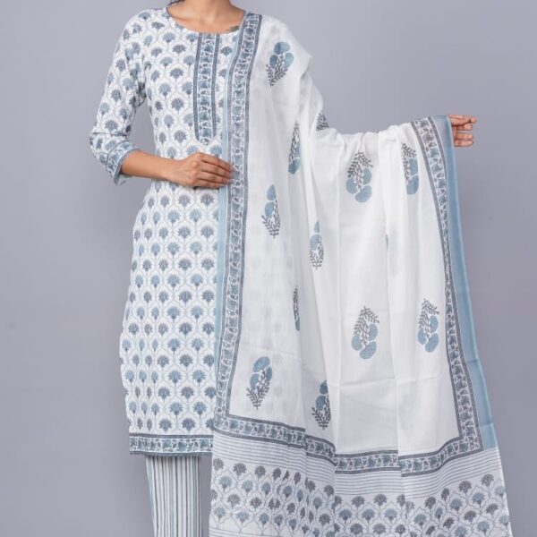 White Hand Block Printed Cotton Suit