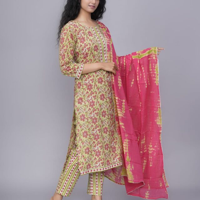 Green Hand Block Printed Cotton Suit