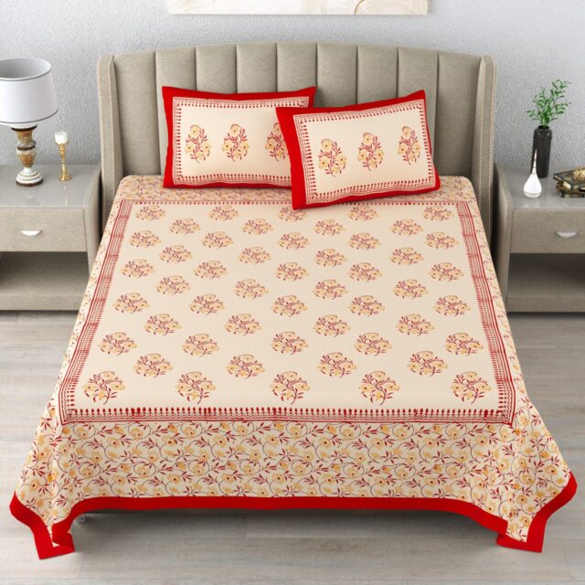 Red Cotton Jaipuri Double Bedsheet Handblock Print
