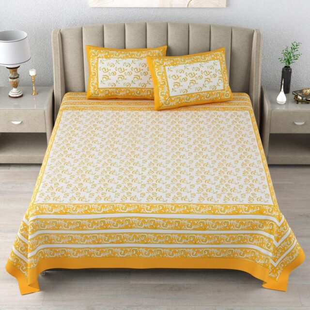 Yellow Cotton Jaipuri Double Bedsheet Handblock Print