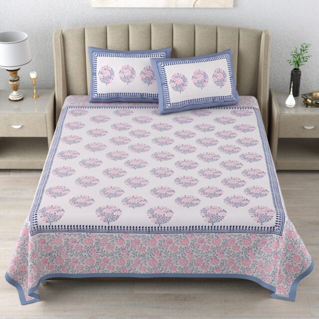 Blue Cotton Jaipuri Double Bedsheet Handblock Print