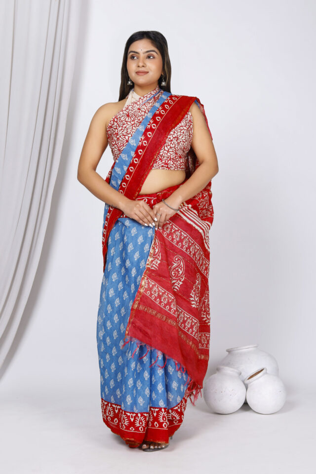 Blue Red Cotton Chanderi Silk Saree