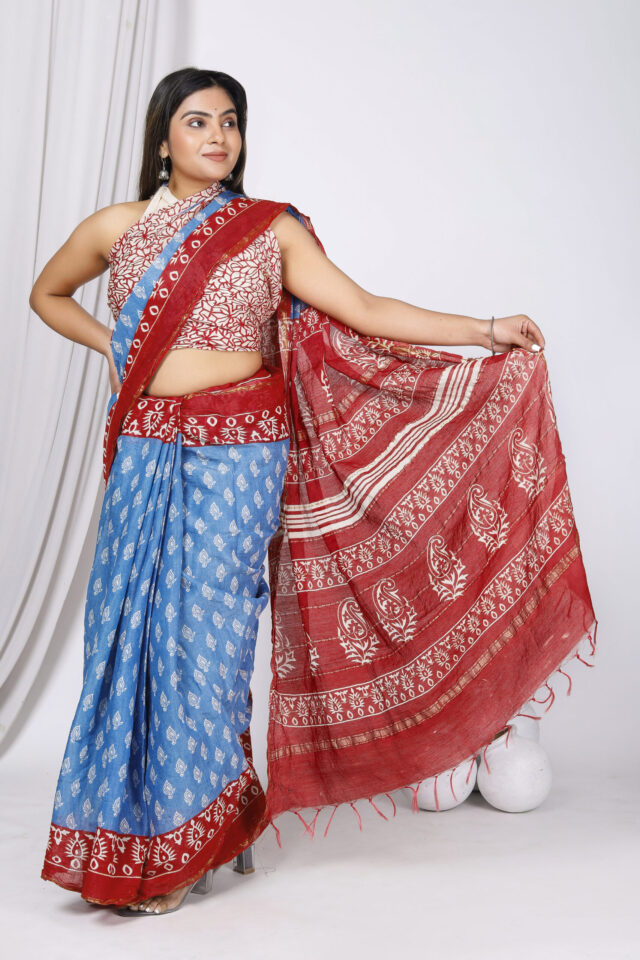 Blue Red Cotton Chanderi Silk Saree