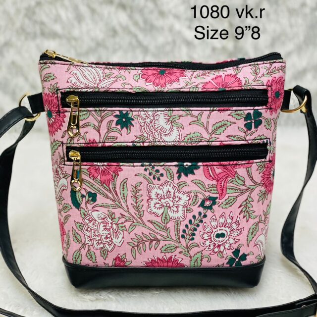 Pink Floral Jaipuri 3 Pockets Sling Bag