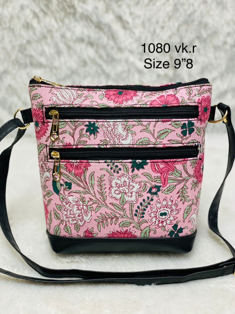 Pink Floral Jaipuri 3 Pockets Sling Bag