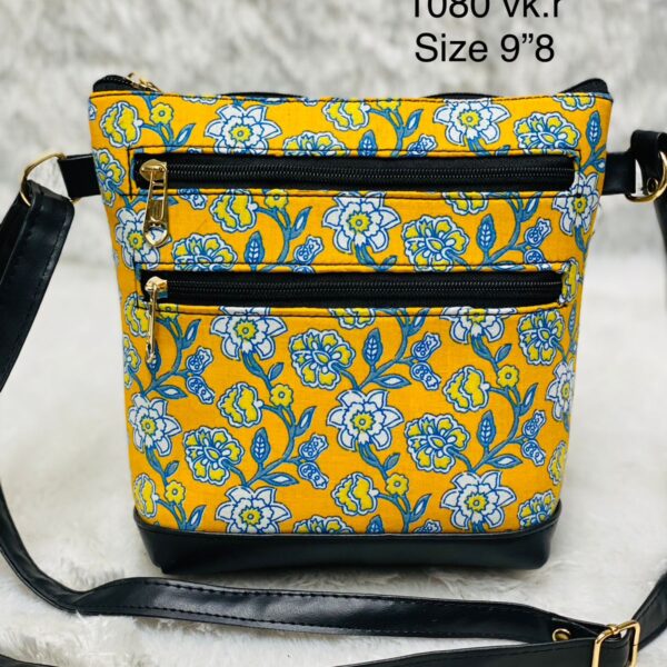 Yellow Floral Jaipuri 3 Pockets Sling Bag